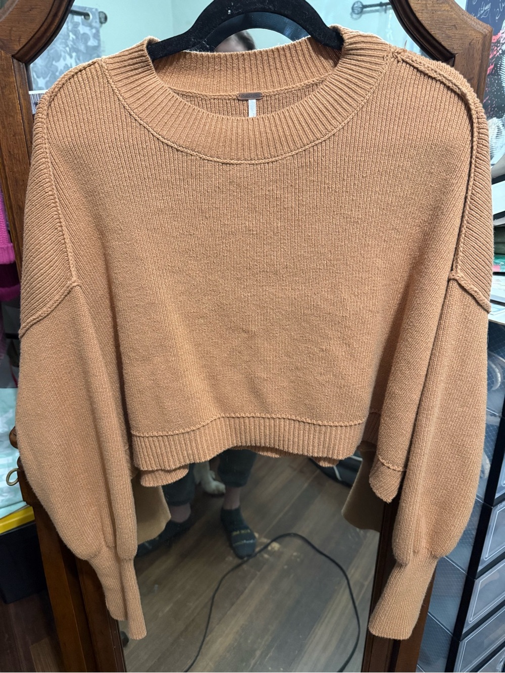 Free People Easy Street Cropped Crewneck Sweater in Camel Tan